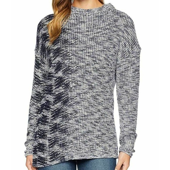 Nik + Zoe Navy Off-White Cotton Rayon Marled Office Casual Mock Neck Sweater - Picture 5 of 5